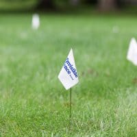 A series of warning flags for an electronic Invisible Fence Brand dog training system on a suburban lawn - Does Invisible Dog Fence Work In Snow