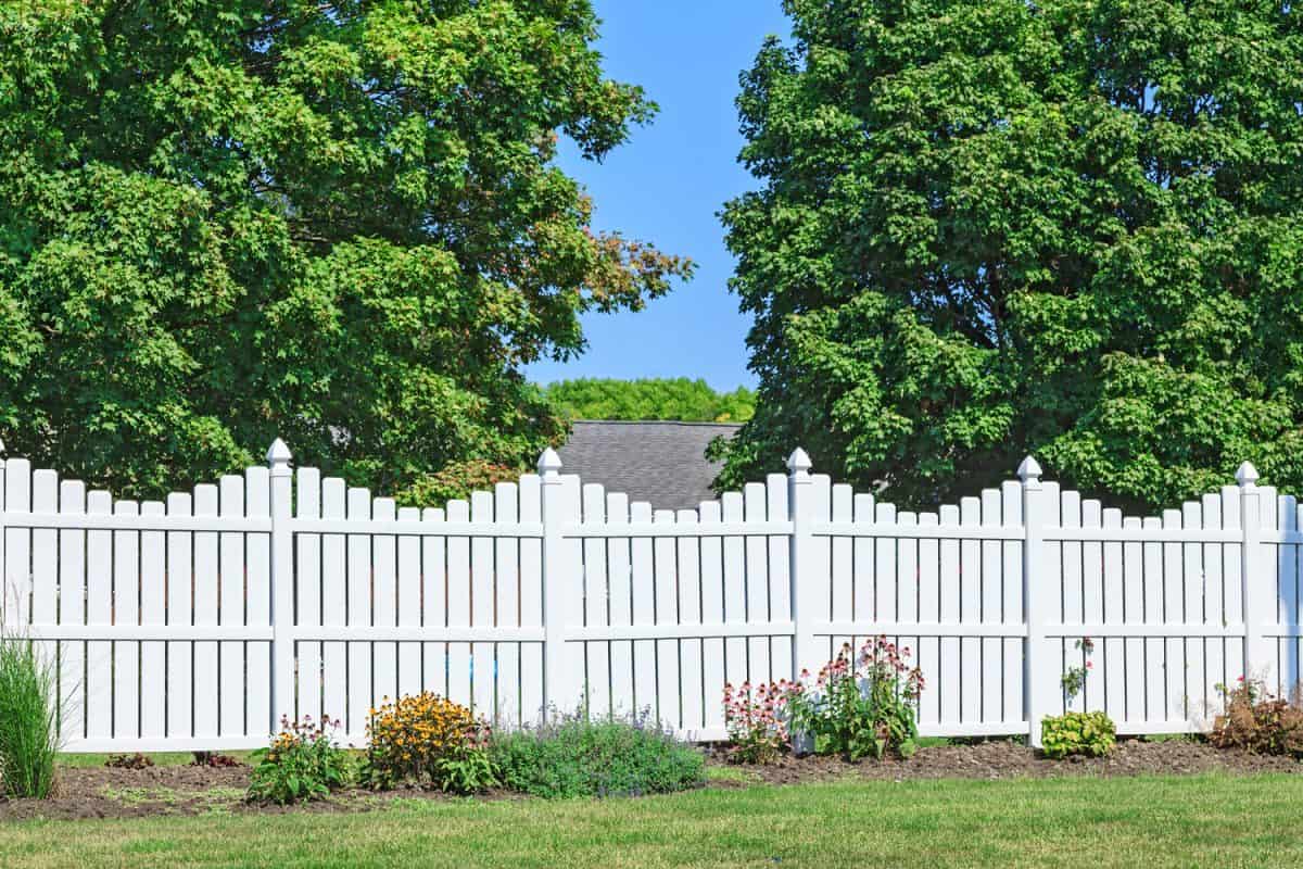 New white vinyl fence with nice yard landscaping and trees in the back ground.

