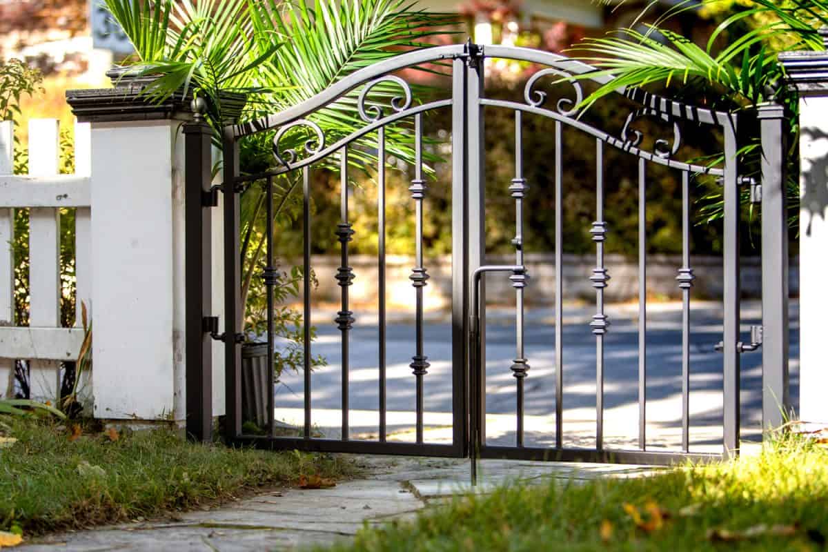 an ornate wrought iron gate between white wooden fence posts surrounded by green palm bushes

