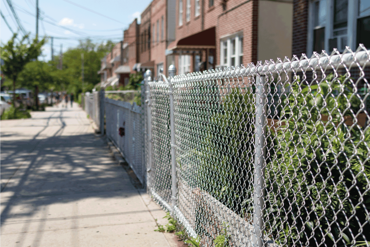 A chain link fence along an empty sidewalk with a row of old brick homes with gardens