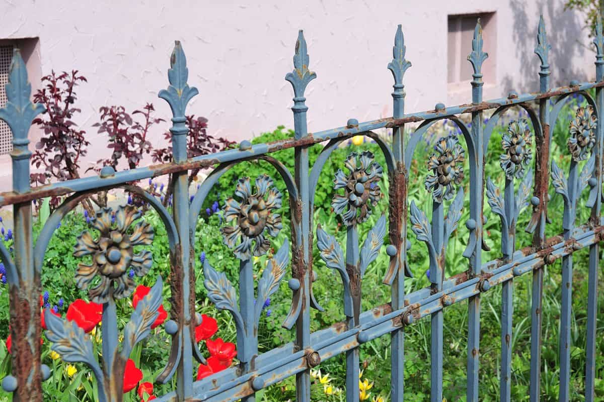 Blue rusted wrought iron fence for the garden