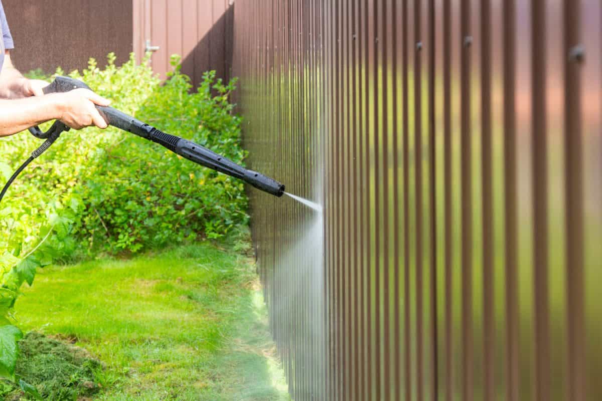 Gardener power spraying the fence to clean it