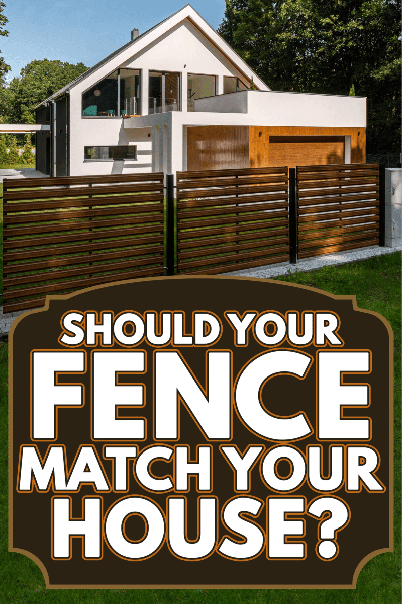 A spacious white house with wooden decoration on garage and wood style fence, Should Your Fence Match Your House?