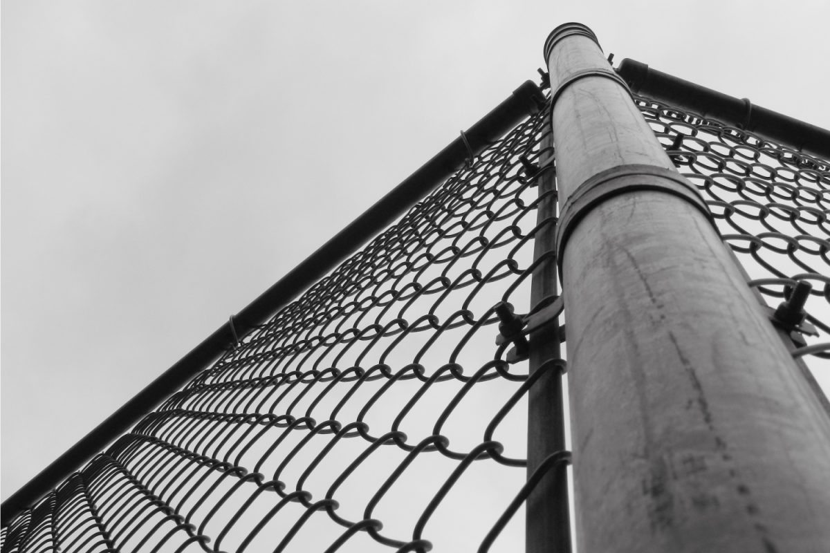 Steel wire fence with corner post grayscale