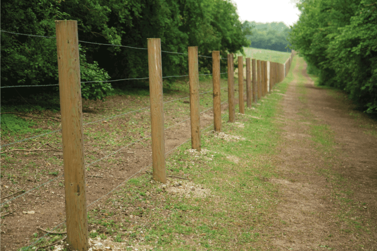 long fence of wooden posts and wire. Should Fence Posts Be Set At An Angle
