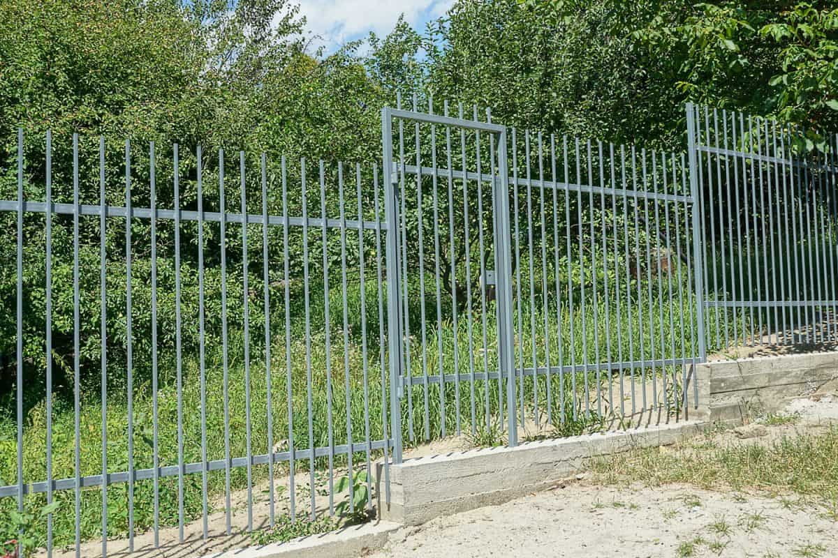 part of a gray metal wall of a fence with a closed door made of iron rods on a concrete foundation on the street

