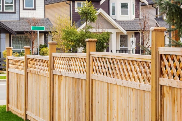 Wooden fence with green lawn and trees, Stepped Vs. Racked Fence Installation [Where & How To Use Each]