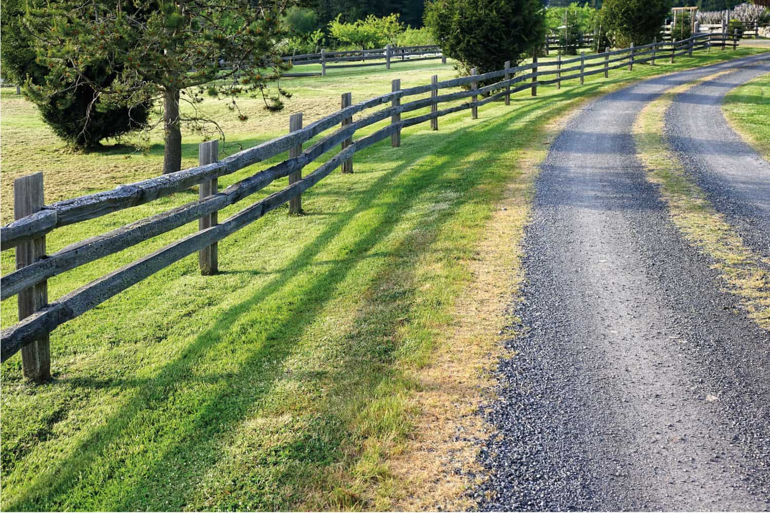 gravel road in the countryside with a split rail fence, field and woods